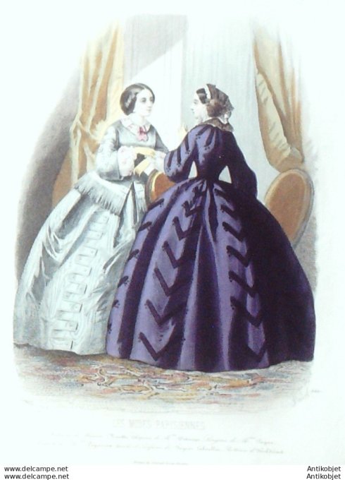Gravure Les Modes Parisiennes 1855 # 736 Robes de Barèges Maison Minette