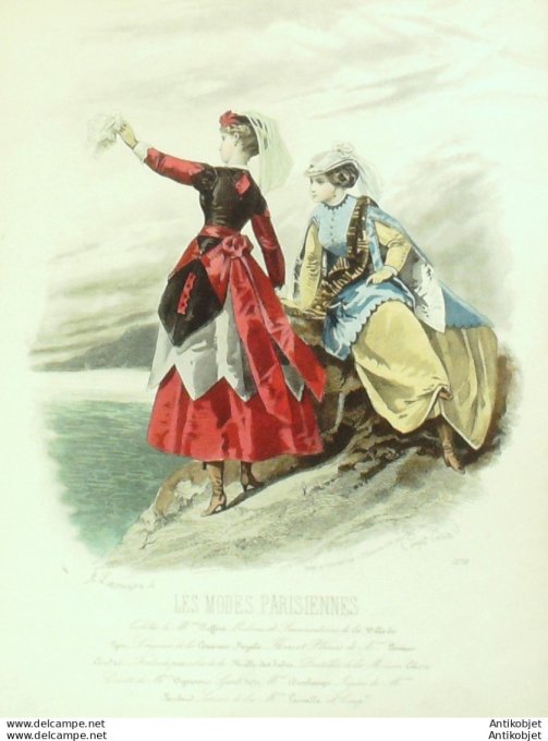 Gravure Les Modes Parisiennes 1865 #1278 Toilettes folkloriques Maison Pieffort