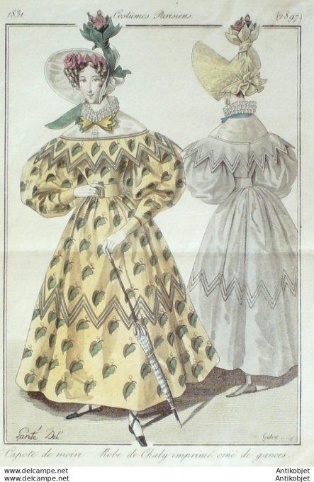 Gravure de mode Costume Parisien 1831 n°2897 Robe de Charly imprimé