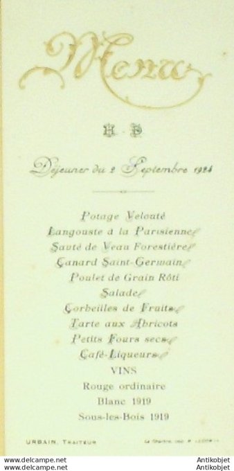 Menu du Traiteur Arnaud Urbain à Jurbise Belgique 1924