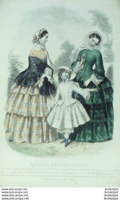 Gravure Mode Magasin Demoiselles 1854 #  6 (aquarellee Old Fashion plate)