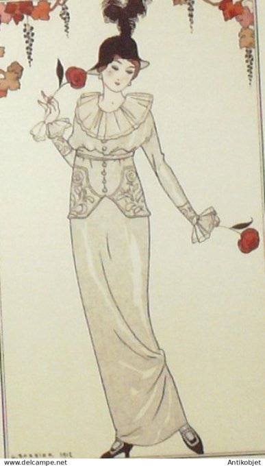 Gravure de mode Costume Parisien 1912 pl.08 BARBIER George Tailleur de satin