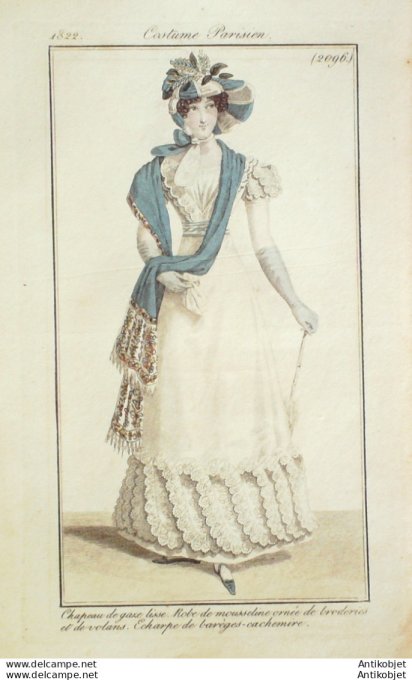 Gravure de mode Costume Parisien 1822 n°2096 Robe mousseline et broderies