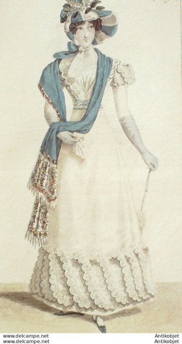 Gravure de mode Costume Parisien 1822 n°2096 Robe mousseline et broderies
