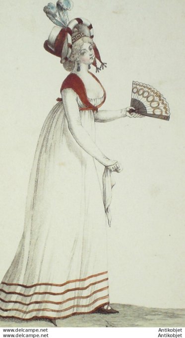 Gravure de mode Costume Parisien 1797 n° 08 (An 5) Capote Anglaise Fichu croisé
