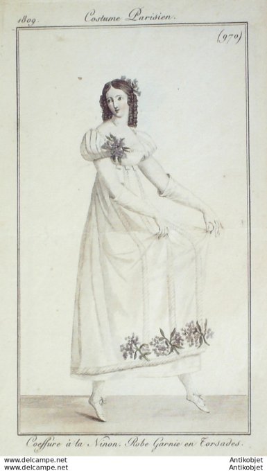 Gravure de mode Costume Parisien 1809 n° 970 Robe garnie en torsades