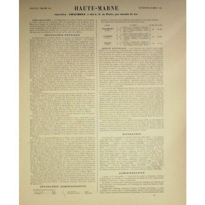 Carte HAUTE MARNE (52) CHAUMONT Graveur LECOQ WALTNER BARBIER 1868