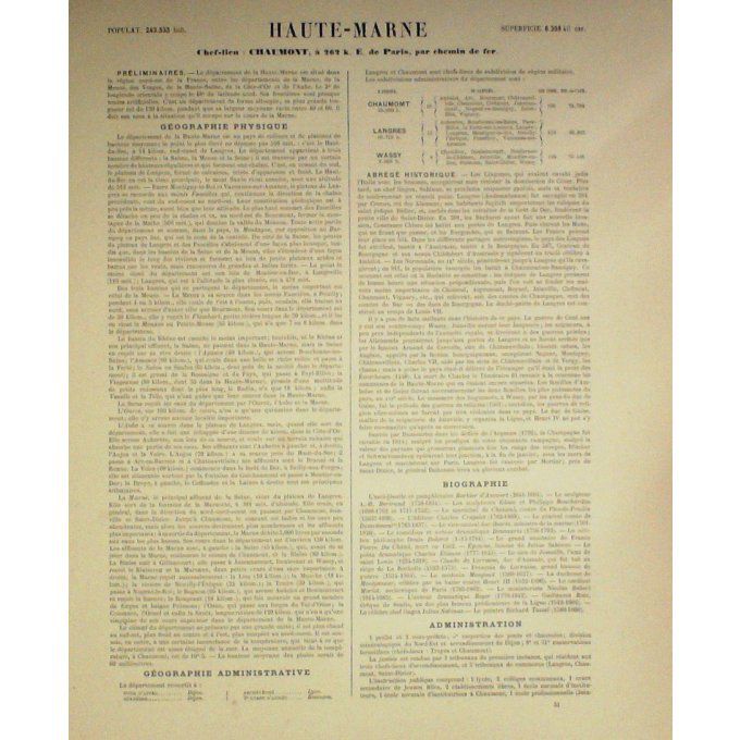 Carte Haute Marne (52) Chaumont Graveur Lecoq Waltner Barbier 1868