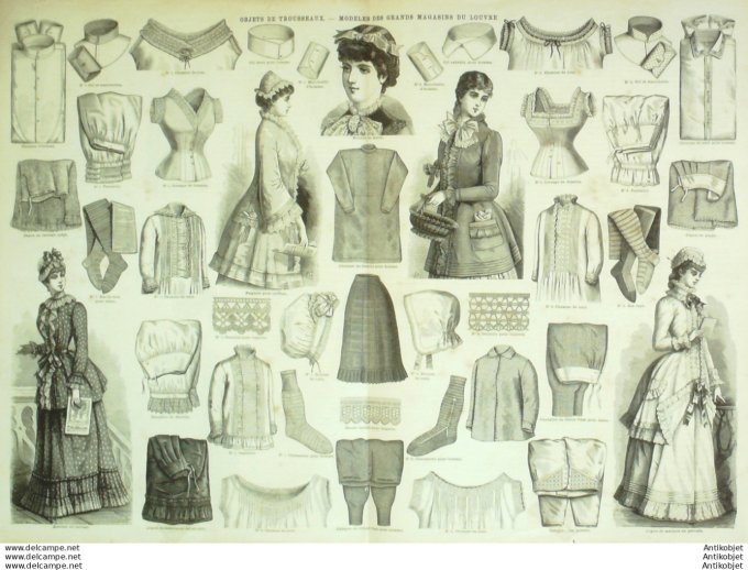 Gravure de mode La Mode illustrée (Magasins du Louvre) Bonneterie Lingerie