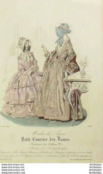 Gravure Mode Courrier des Dames 1844 # 2007 (eau forte old Fashion plate)