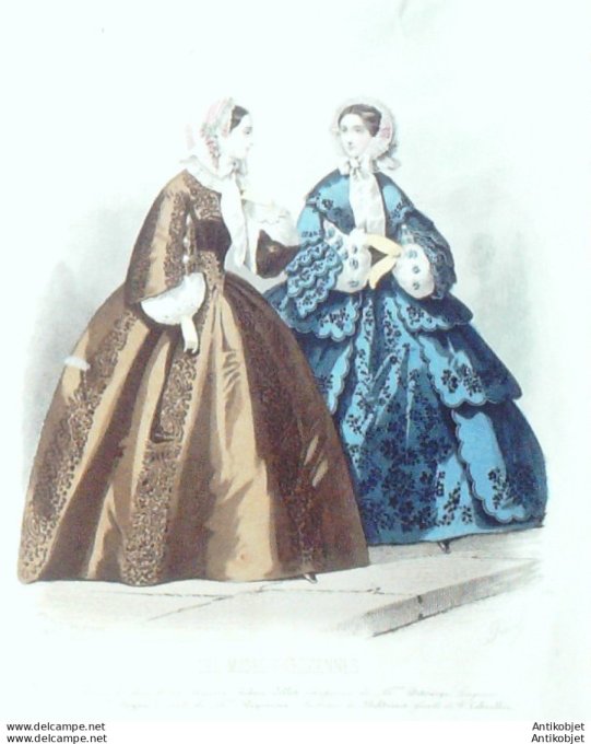 Gravure Les Modes Parisiennes 1855 # 737 Robes brodées Maison Collot