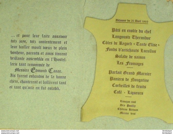 Menu de mariage à Amilhau (31) 1960