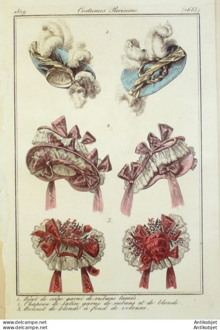 Costume Parisien 1829 # 2683 Béret crêpe chapeau satin bonnet