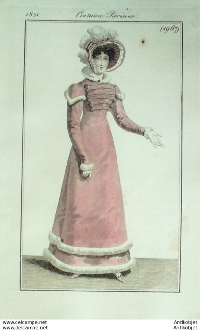 Gravure de mode Costume Parisien 1821 n°1967 Robe velours garnie de brundebourgs