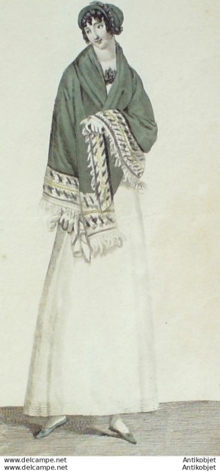 Gravure de mode Costume Parisien 1809 n° 971 Chapeau colimaçon orné de fleurs