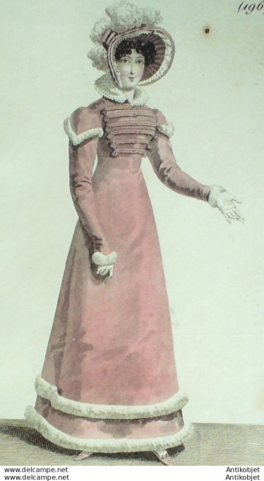 Gravure de mode Costume Parisien 1821 n°1967 Robe velours garnie de brundebourgs