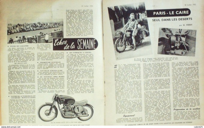 Moto Revue 1952 n° 1095 Paris Le Caire camping Moto usine DkwGilera Gp France