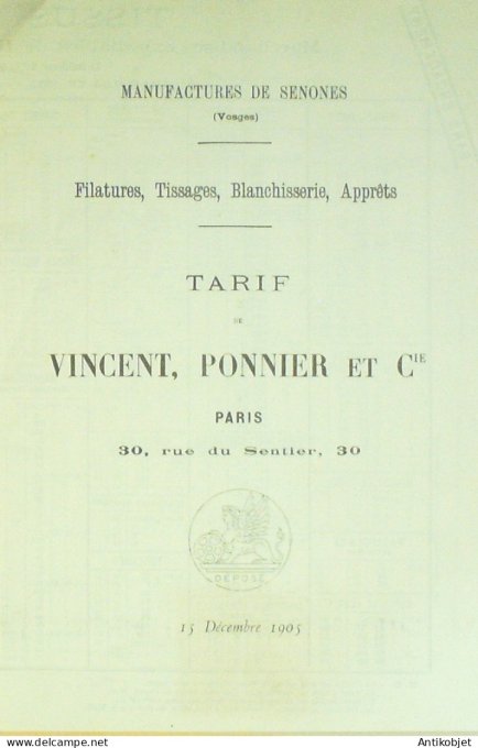 Catalogue de Vincent Ponnier (Tissage Filature) 1905 à Senones (88)