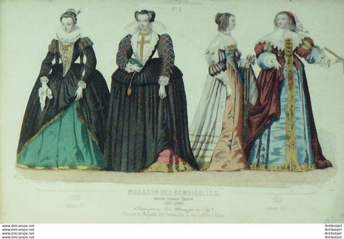 Gravure Mode Magasin Demoiselles 1855 #  5 (aquarellee Old Fashion plate)