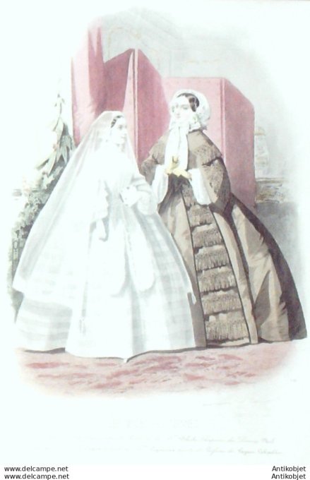 Gravure Les Modes Parisiennes 1855 # 740 Robe de communiante Maison Delisle