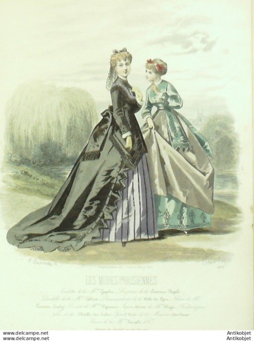 Gravure Les Modes Parisiennes 1865 #1279 Robes satin Maison Cagelin
