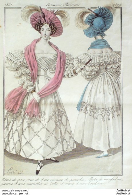 Gravure de mode Costume Parisien 1829 n°2709 Canezou mousseline à fichu, chapeau de paille de riz