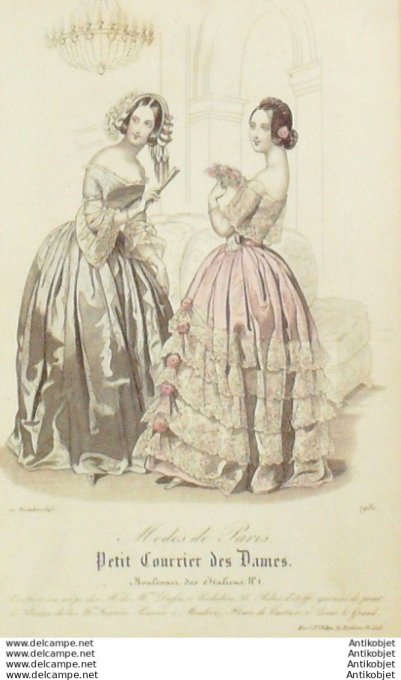 Gravure Mode Courrier des Dames 1843 # 1981 (eau forte old Fashion plate)