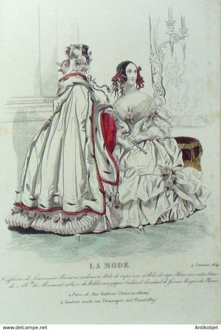 Gravure La mode 1840 n°1 Robes de crêpe sur satin