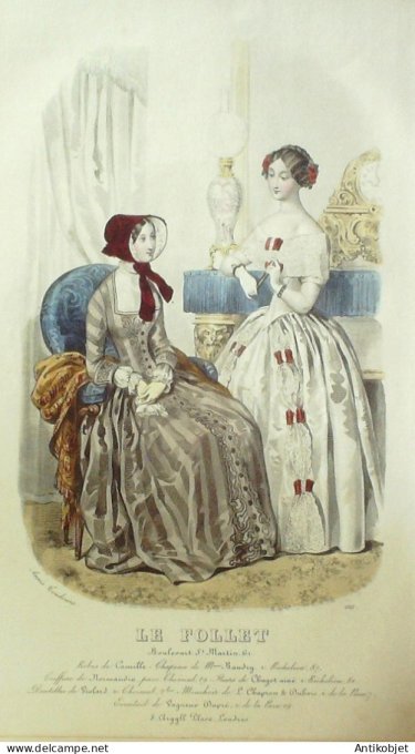 Gravure Mode Le Follet 1849 # 1515 (aquarelle Old Fashion plate)