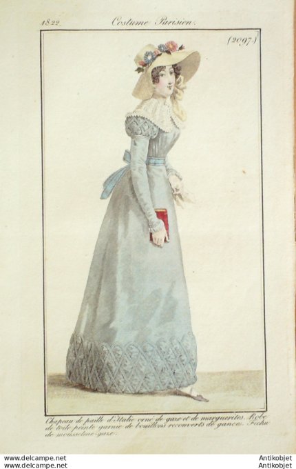 Gravure de mode Costume Parisien 1822 n°2097 Robe de toile gances  fichu