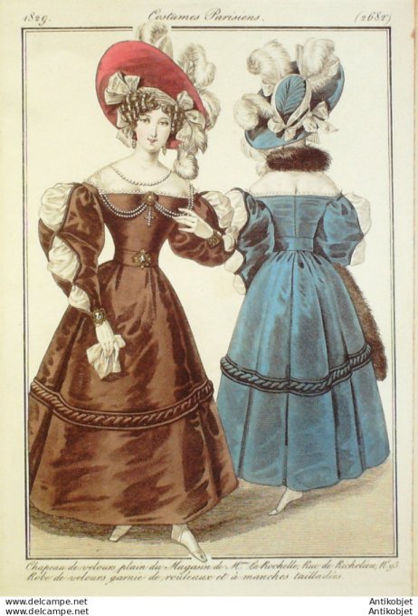 Gravure de mode Costume Parisien 1829 n°2682 Robe velours manches tailladées