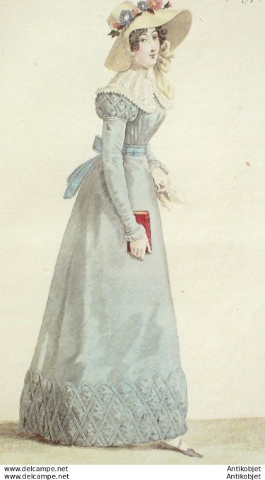 Gravure de mode Costume Parisien 1822 n°2097 Robe de toile gances  fichu