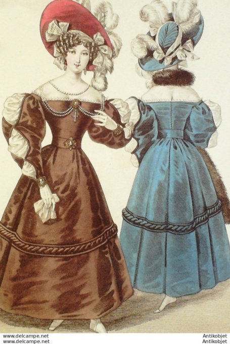 Gravure de mode Costume Parisien 1829 n°2682 Robe velours manches tailladées