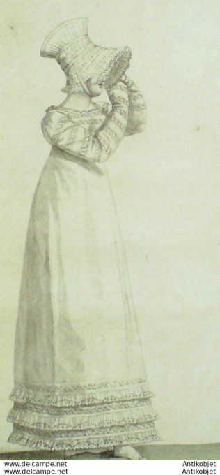 Gravure de mode Costume Parisien 1815 n°1496 Capote Robe perkale