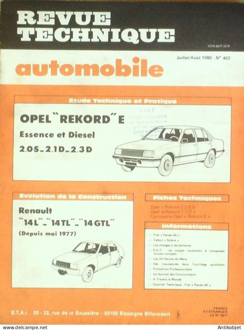 Revue Tech. Automobile 1980 n°402 Opel Rekord Renault 14 Talbot Solara Fiat Panda 45