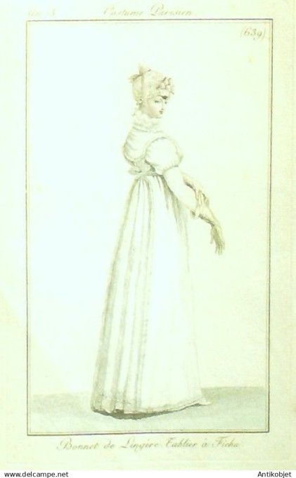 Costume Parisien 1805 an 13 # 639 (eau forte) Bonnet ling ère Tablier ? fichu