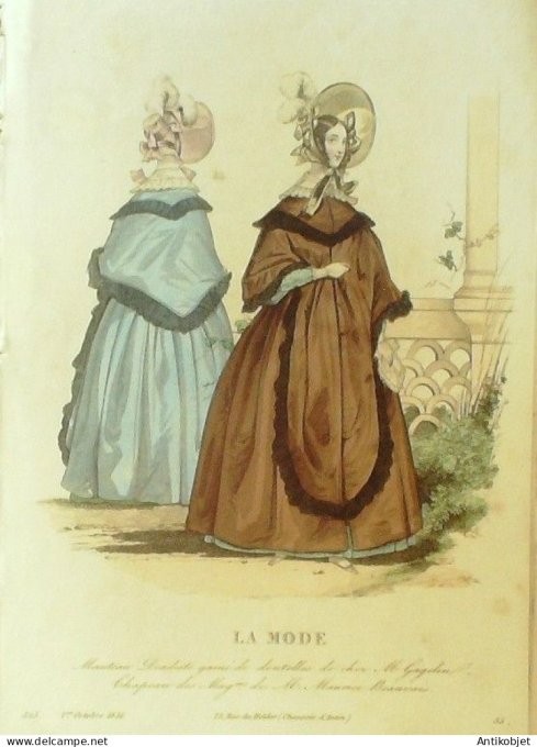 Gravure La mode 1836 # 525 (aquarelle old Fashion plate) Amazones