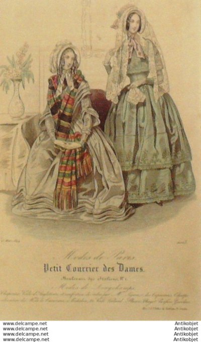 Gravure Mode Courrier des Dames 1844 # 2003 (eau forte old Fashion plate)