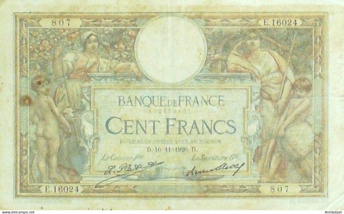 Billet Banque de France 100 francs Luc Olivier Merson Grands Cartouches D16=11=1926 TTB