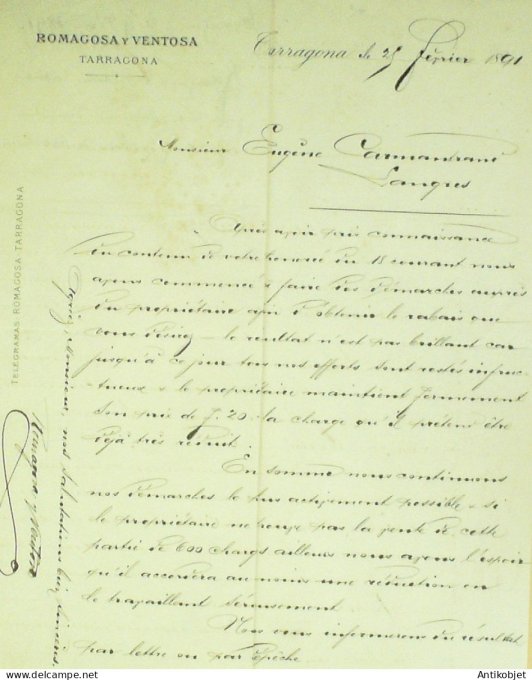 Lettre Ciale Romagosa Y Ventosa (grossiste vins) 1891 à Tarragona Espagne 2