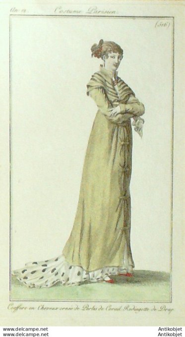 Gravure de mode Costume Parisien 1803 n° 516 (An 12) Redingote de drap