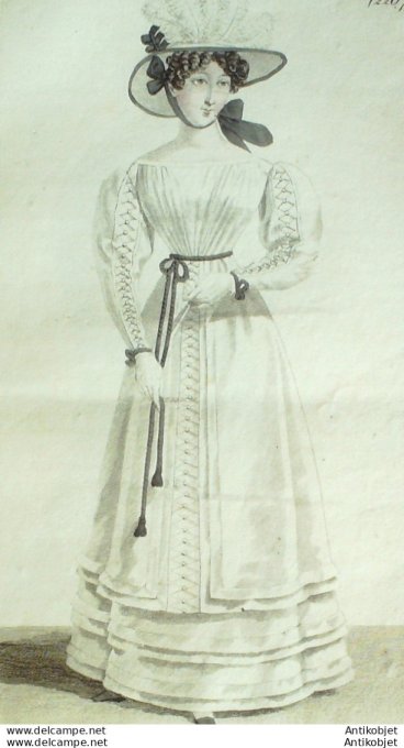 Gravure de mode Costume Parisien 1824 n°2267 Blouze tunique d'Organdy Cordelière