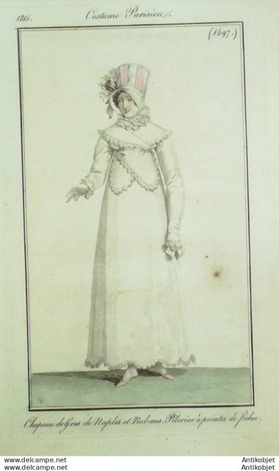 Gravure de mode Costume Parisien 1815 n°1497 Pélerine à pointes de fichu