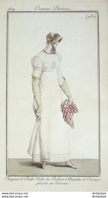 Gravure de mode Costume Parisien 1809 n° 982 Robe Perkale manches & corsage