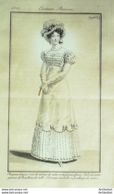 Gravure de mode Costume Parisien 1821 n°1968 Robe de satin garnie et tulle