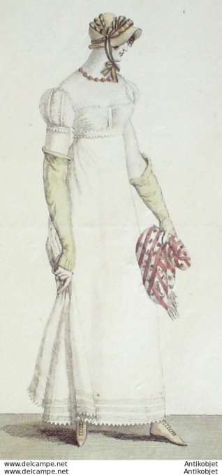 Gravure de mode Costume Parisien 1809 n° 982 Robe Perkale manches & corsage