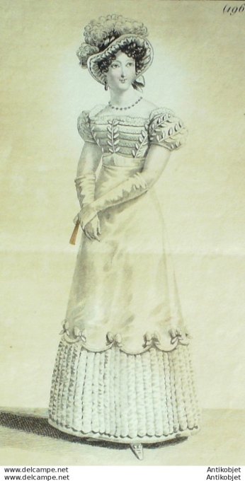 Gravure de mode Costume Parisien 1821 n°1968 Robe de satin garnie et tulle