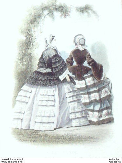 Gravure Les Modes Parisiennes 1855 # 742 Robes & basquines Maison Gagelin