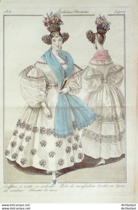 Costume Parisien 1831 # 2902 Robe mousseline brodée en laine