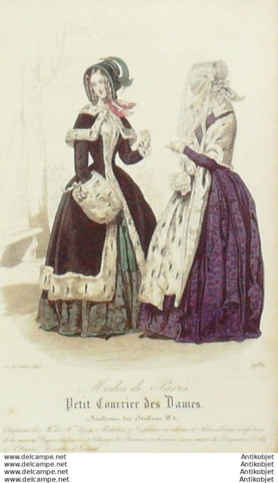 Gravure Mode Courrier des Dames 1843 # 1982 (eau forte old Fashion plate)